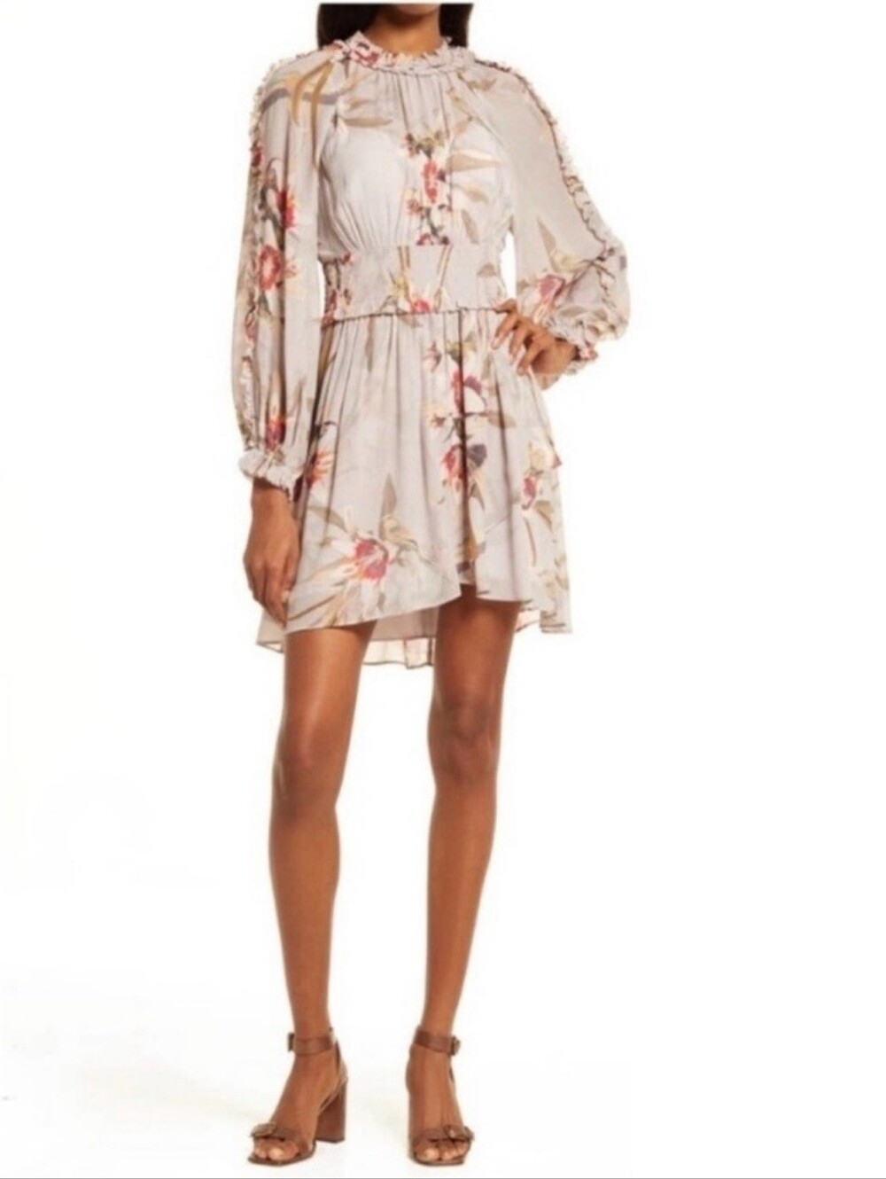 All Saints Thallo Kuroyuri Sheer Floral Mini Dress Smocked Waist Ruffle Sz 2, XS